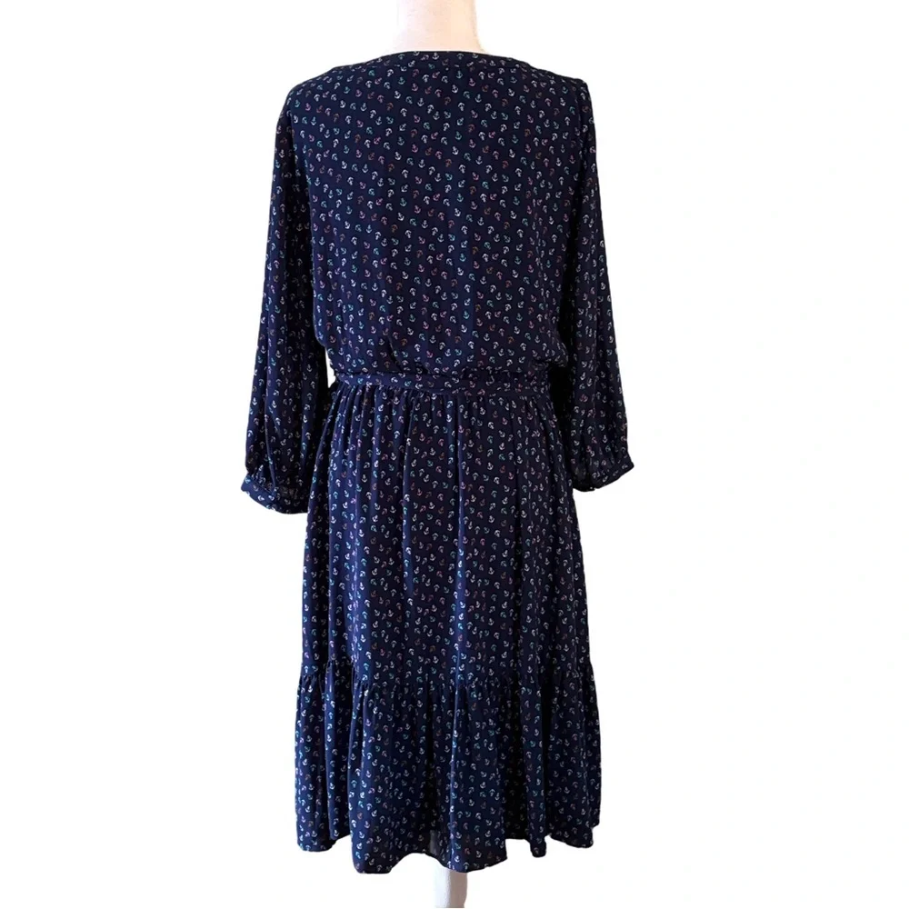 Talbots Navy Blue Henley Cinched Belted Waist Chiffon Nautical Dress Size 10 - Picture 10 of 12